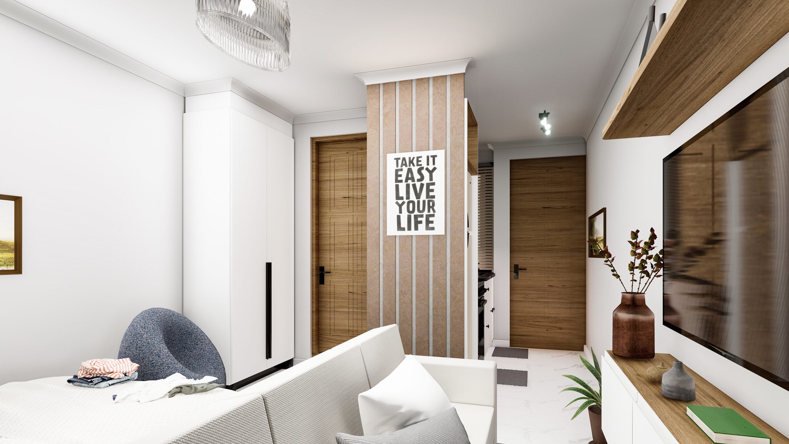 Studio entrance hallway with feature wall