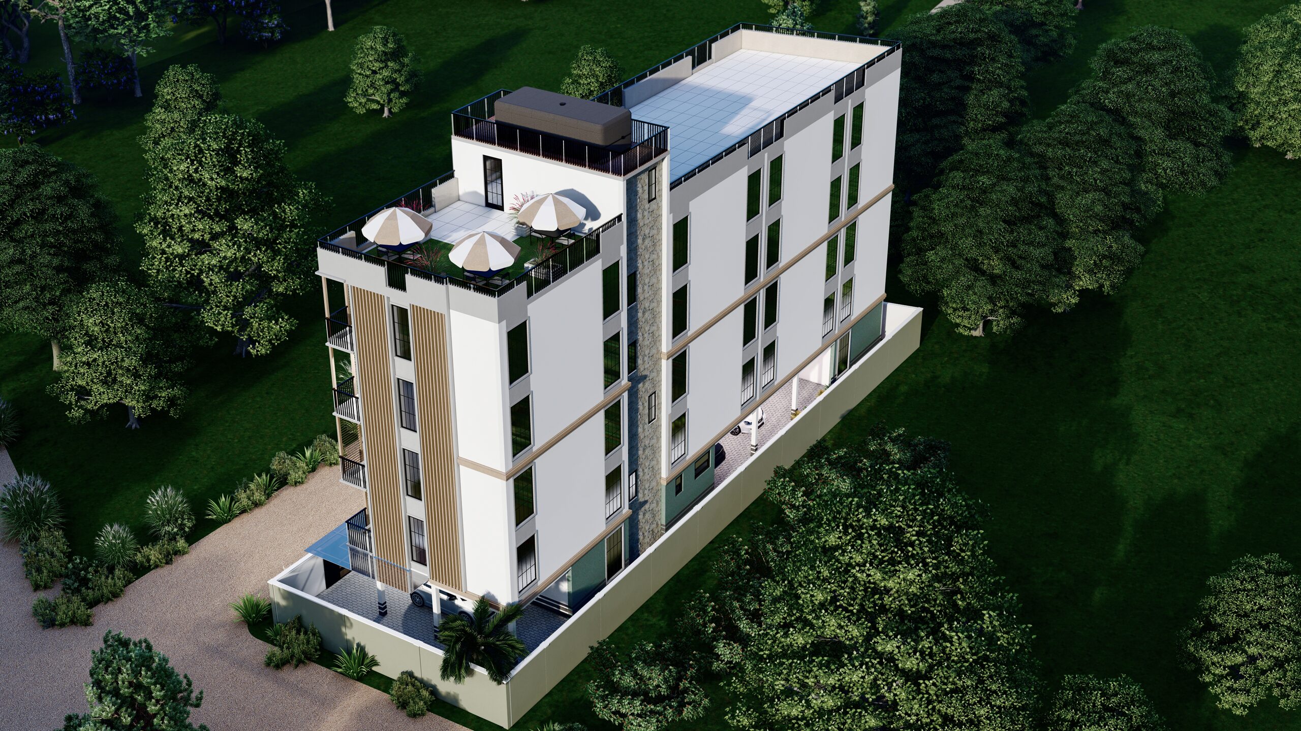 Aerial view of The Woods showing the rooftop social lounge