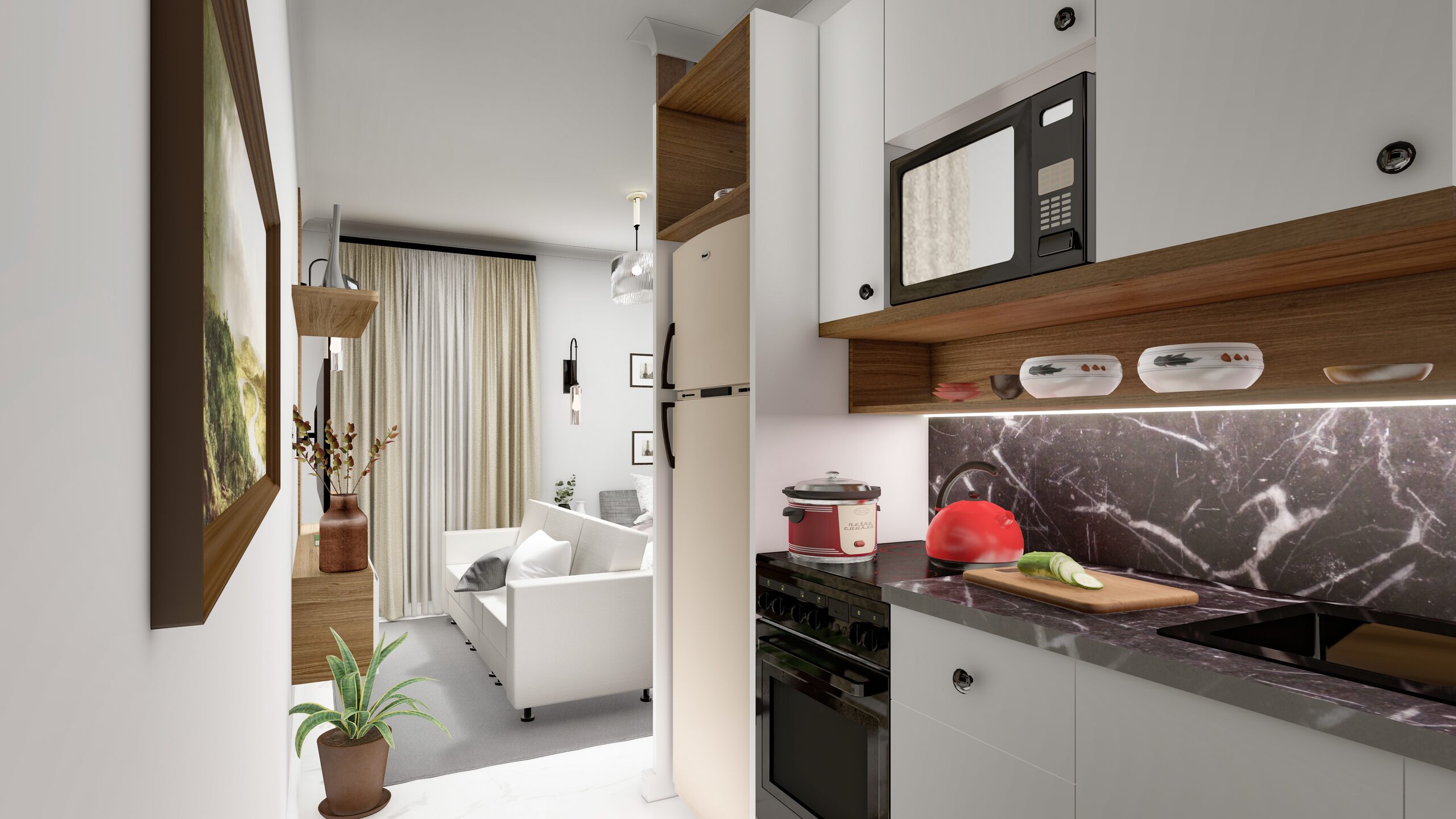 Designer kitchen with marble counters and premium finishes