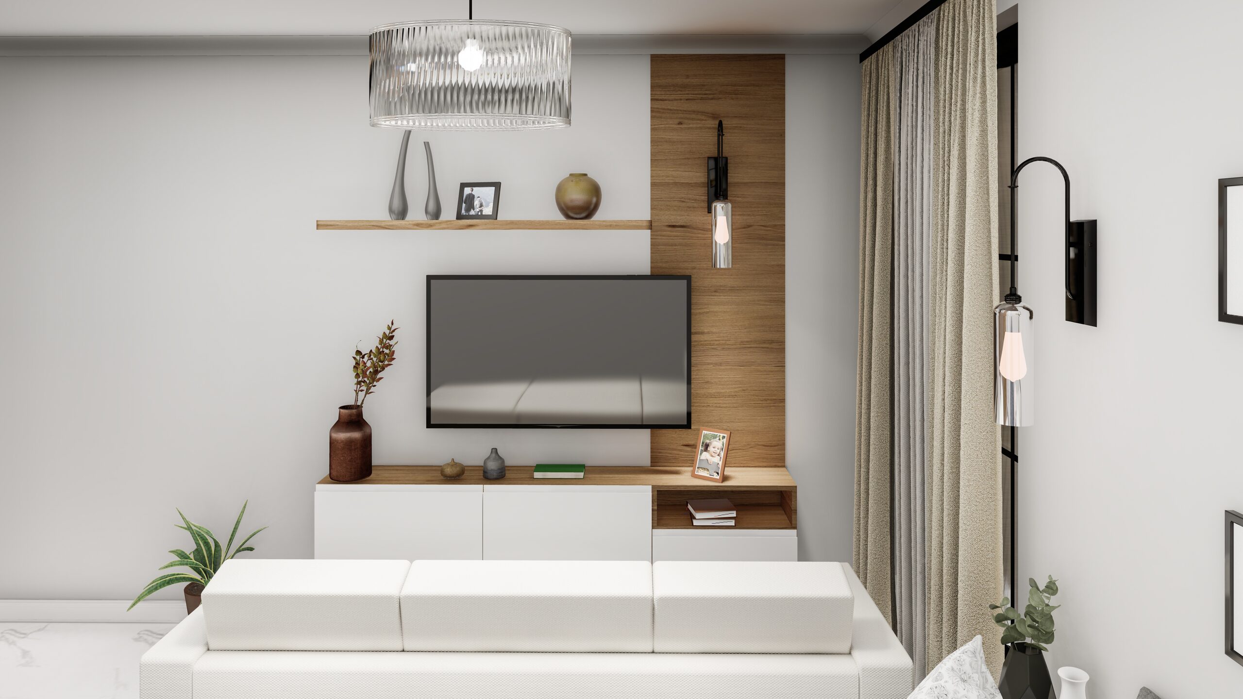 Studio living area with designer TV wall and fittings
